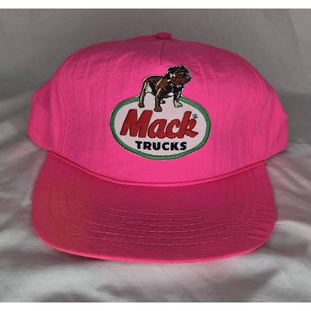 Vintage Mack Trucks Pink Snapback Parachute Patch Hat Sportsmon Cap Lid Bulldog